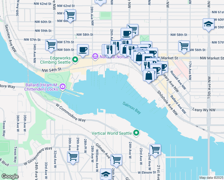 map of restaurants, bars, coffee shops, grocery stores, and more near in Seattle