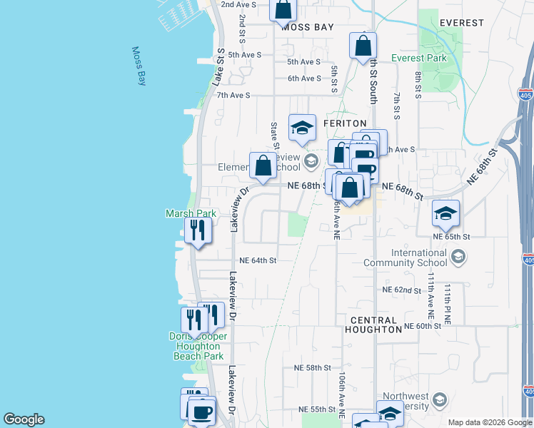 map of restaurants, bars, coffee shops, grocery stores, and more near 10305 Northeast 67th Street in Kirkland