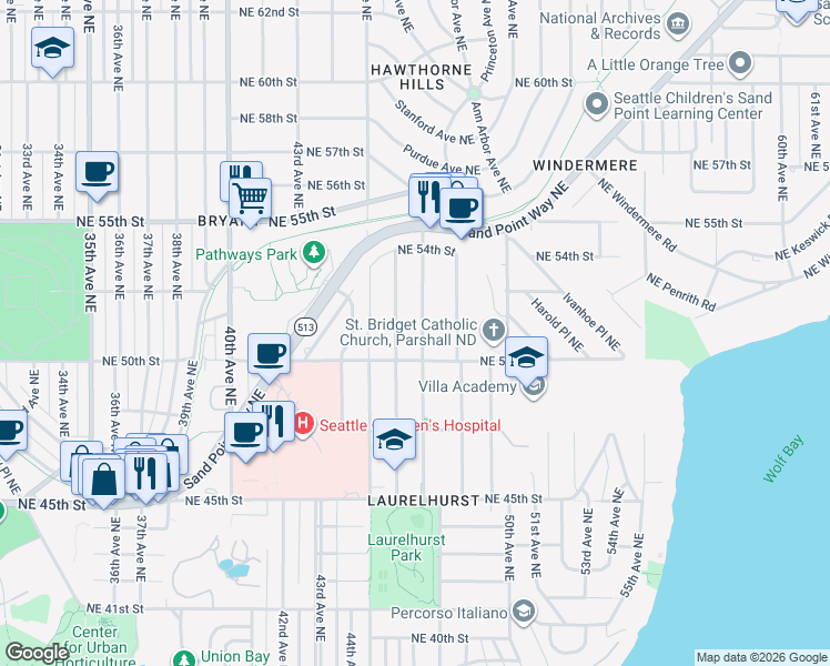 map of restaurants, bars, coffee shops, grocery stores, and more near 5020 47th Avenue Northeast in Seattle