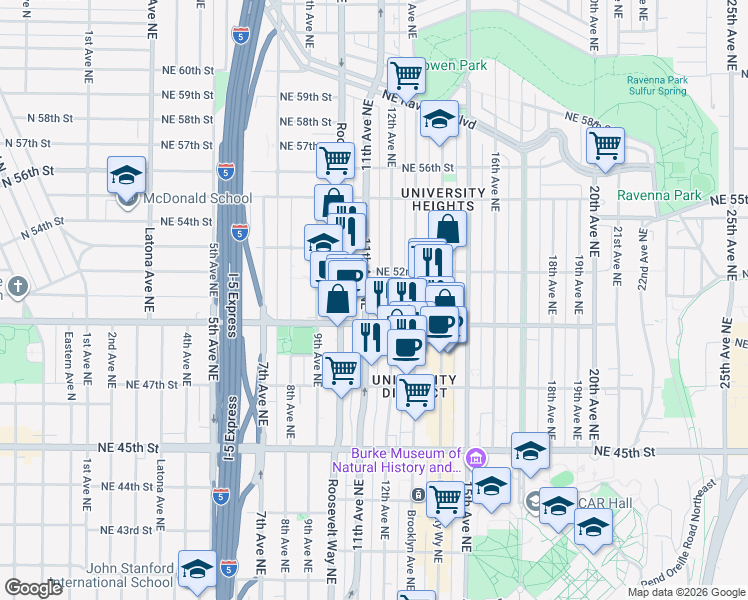 map of restaurants, bars, coffee shops, grocery stores, and more near 5018 11th Avenue Northeast in Seattle