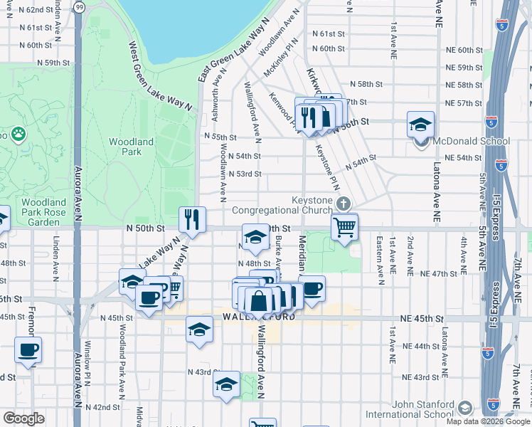map of restaurants, bars, coffee shops, grocery stores, and more near 1819 North 51st Street in Seattle