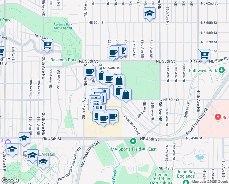 map of restaurants, bars, coffee shops, grocery stores, and more near 2909 Northeast Blakeley Street in Seattle