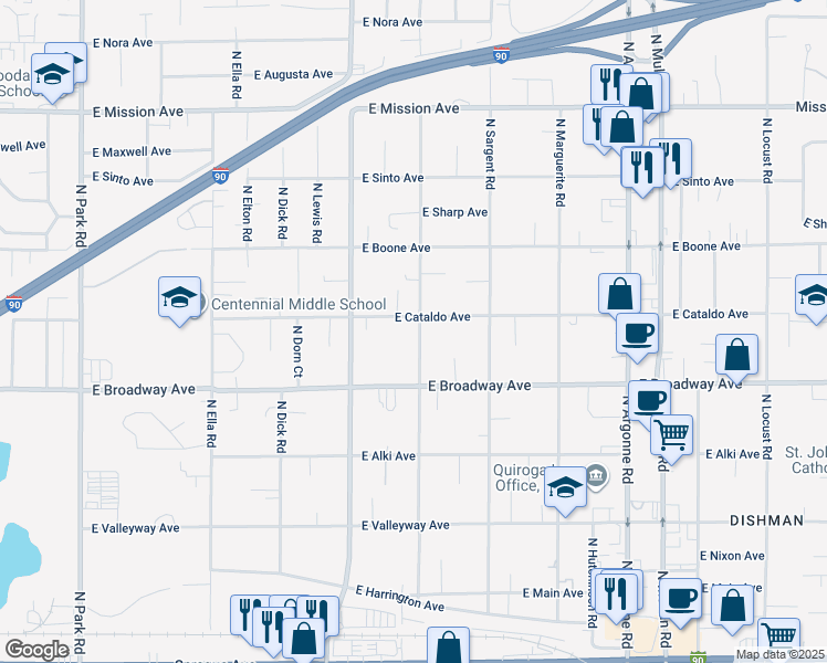 map of restaurants, bars, coffee shops, grocery stores, and more near 917 North Bessie Road in Spokane Valley