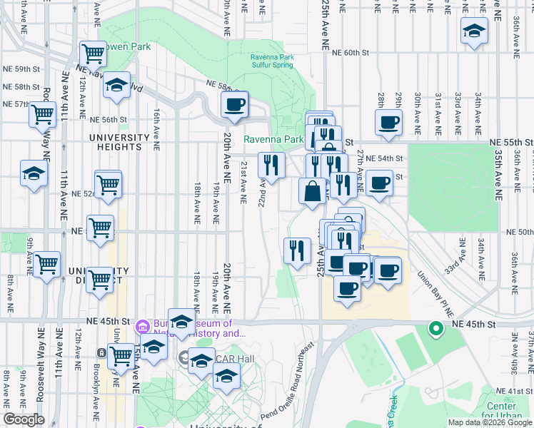 map of restaurants, bars, coffee shops, grocery stores, and more near 5020 22nd Avenue Northeast in Seattle