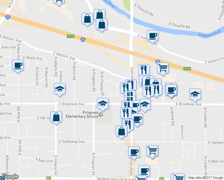 map of restaurants, bars, coffee shops, grocery stores, and more near 908 North Ravalli Court in Spokane Valley