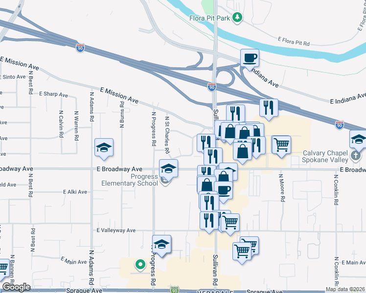 map of restaurants, bars, coffee shops, grocery stores, and more near 908 North Ravalli Court in Spokane Valley