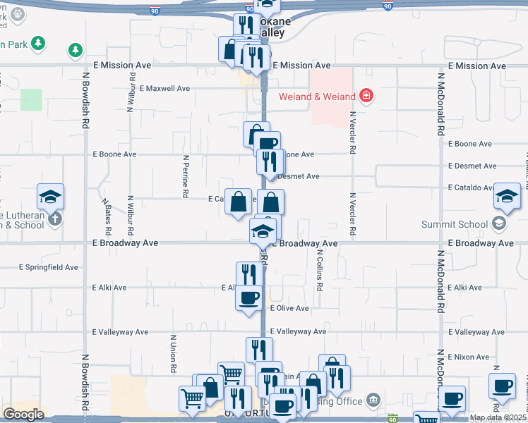 map of restaurants, bars, coffee shops, grocery stores, and more near 905 N Pines Rd in Spokane Valley