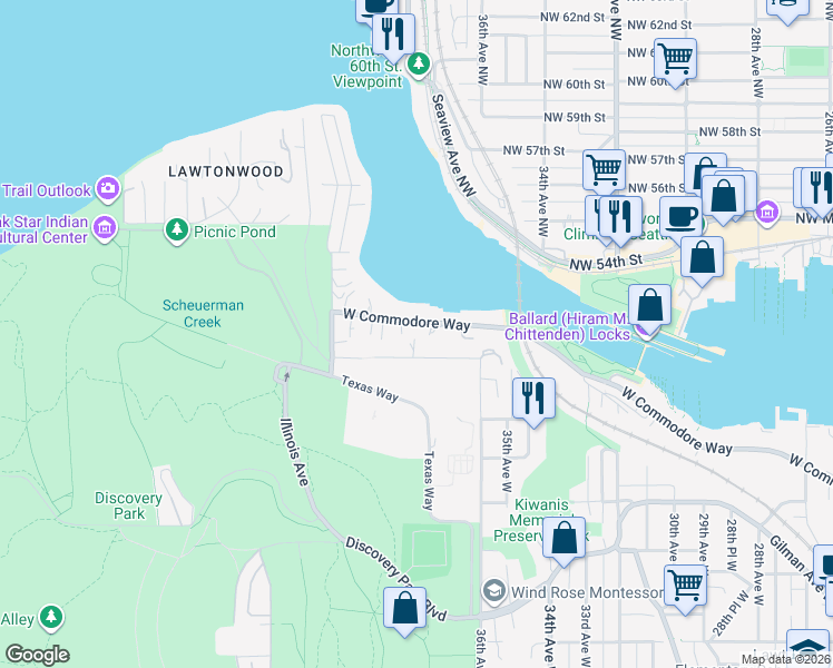 map of restaurants, bars, coffee shops, grocery stores, and more near 3704 West Lawton Street in Seattle