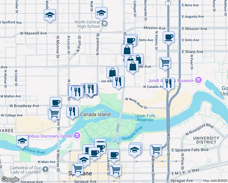 map of restaurants, bars, coffee shops, grocery stores, and more near 427 West Cataldo Avenue in Spokane