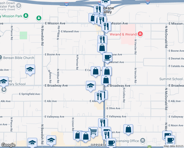 map of restaurants, bars, coffee shops, grocery stores, and more near 12106 East Cataldo Avenue in Spokane Valley
