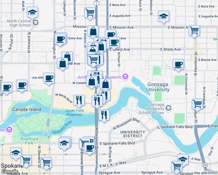 map of restaurants, bars, coffee shops, grocery stores, and more near 940 North Ruby Street in Spokane