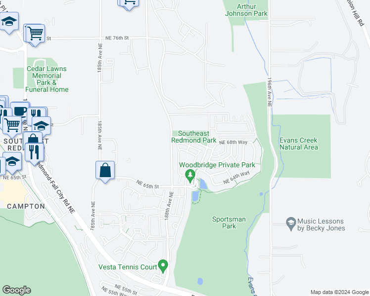 map of restaurants, bars, coffee shops, grocery stores, and more near 6634 188th Place Northeast in Redmond