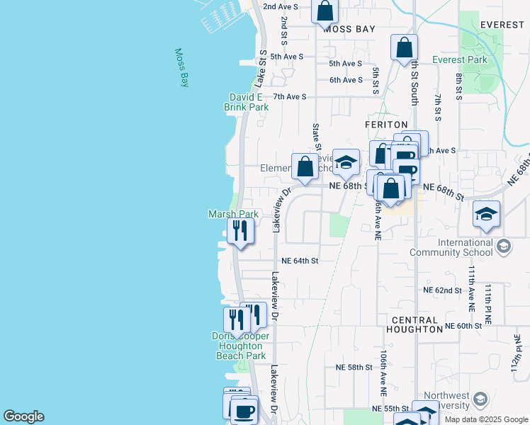 map of restaurants, bars, coffee shops, grocery stores, and more near 10133 Northeast 66th Lane in Kirkland