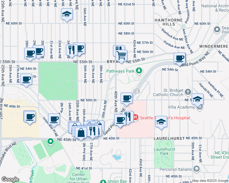 map of restaurants, bars, coffee shops, grocery stores, and more near 5024 40th Avenue Northeast in Seattle