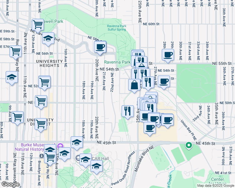 map of restaurants, bars, coffee shops, grocery stores, and more near 5009 Ravenna Avenue Northeast in Seattle
