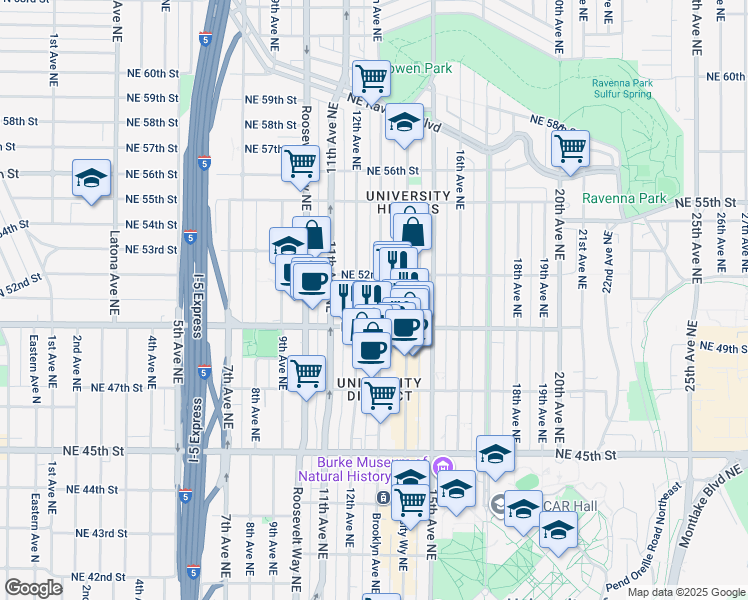 map of restaurants, bars, coffee shops, grocery stores, and more near 5021 Brooklyn Avenue Northeast in Seattle