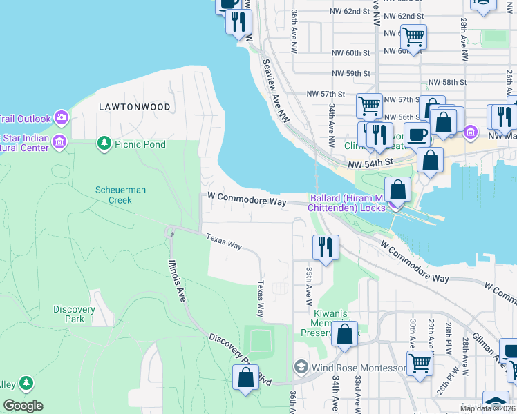 map of restaurants, bars, coffee shops, grocery stores, and more near 3704 West Lawton Street in Seattle