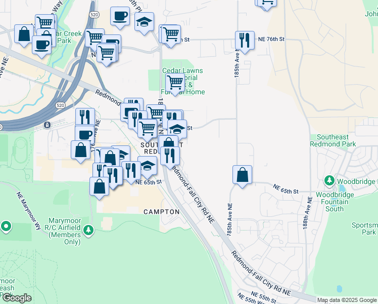 map of restaurants, bars, coffee shops, grocery stores, and more near 18133 NE 68th St in Redmond