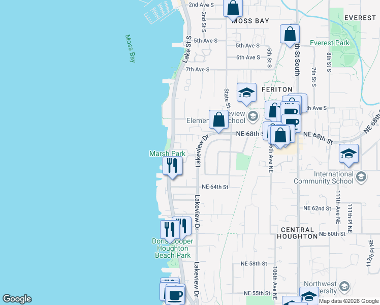 map of restaurants, bars, coffee shops, grocery stores, and more near 10133 Northeast 66th Lane in Kirkland