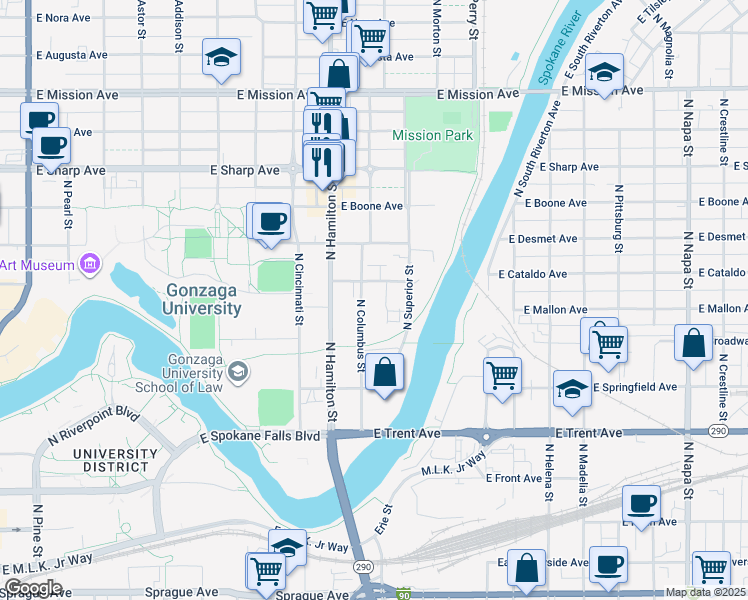 map of restaurants, bars, coffee shops, grocery stores, and more near 904 North Columbus Street in Spokane