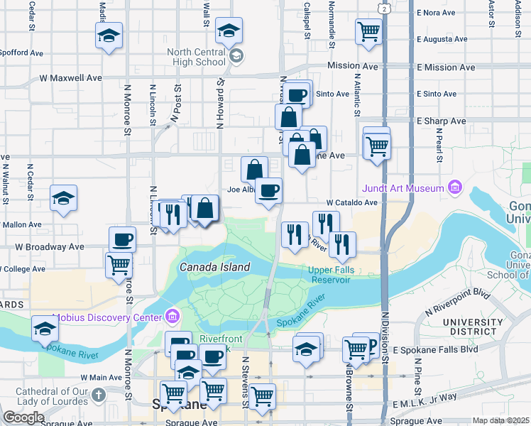 map of restaurants, bars, coffee shops, grocery stores, and more near 427 West Cataldo Avenue in Spokane