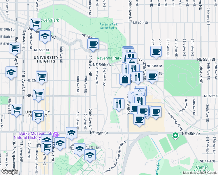 map of restaurants, bars, coffee shops, grocery stores, and more near 5020 22nd Avenue Northeast in Seattle