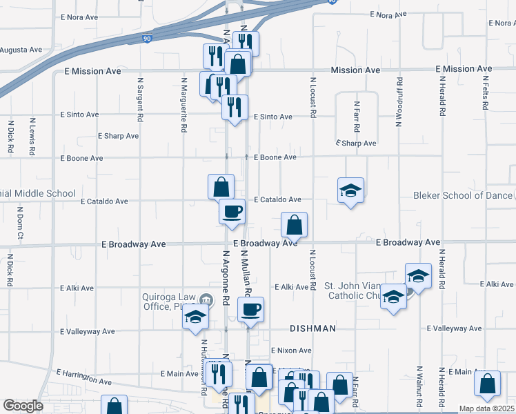 map of restaurants, bars, coffee shops, grocery stores, and more near 9212 East Cataldo Avenue in Spokane Valley