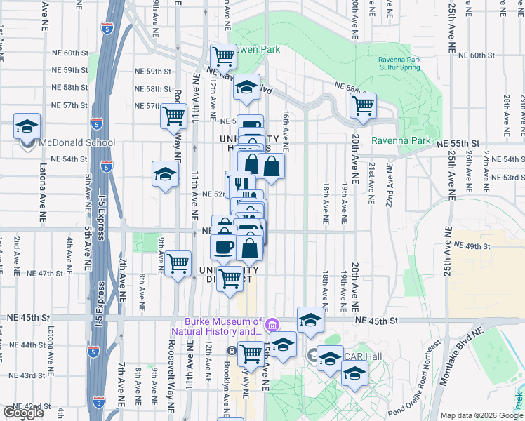 map of restaurants, bars, coffee shops, grocery stores, and more near 5027 15th Avenue Northeast in Seattle