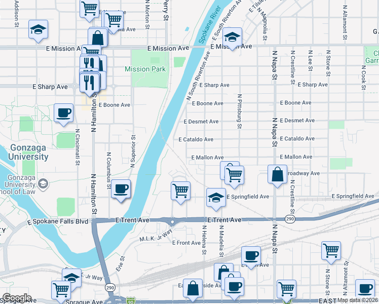 map of restaurants, bars, coffee shops, grocery stores, and more near 1501 E Mallon Ave in Spokane