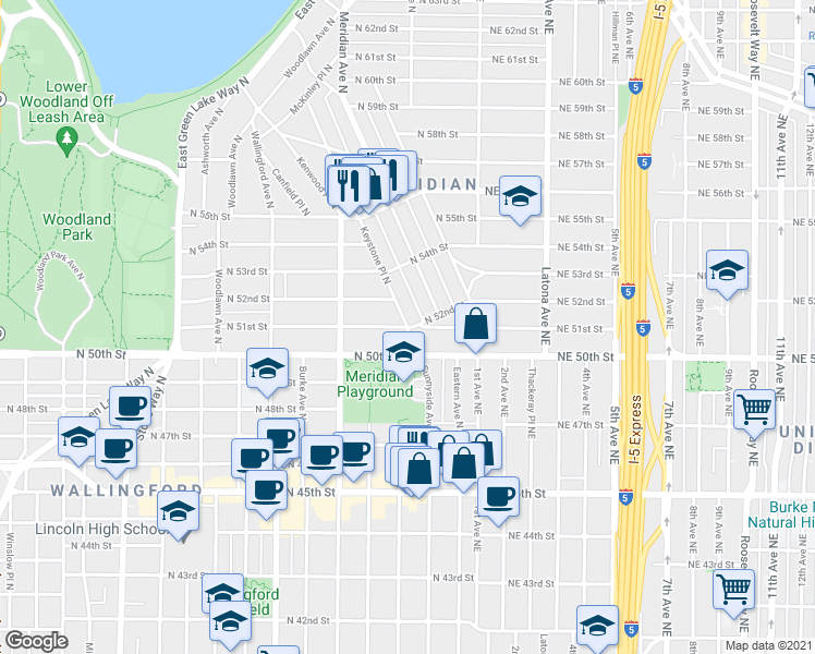 map of restaurants, bars, coffee shops, grocery stores, and more near N 51st St & Keystone Pl N in Seattle
