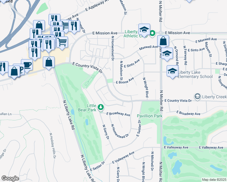 map of restaurants, bars, coffee shops, grocery stores, and more near 1003 North Homestead Drive in Liberty Lake