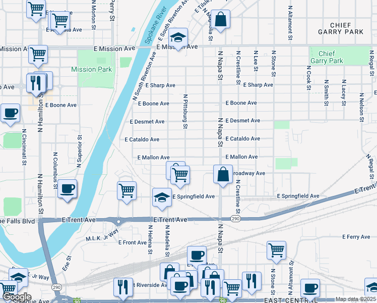 map of restaurants, bars, coffee shops, grocery stores, and more near 1803 East Mallon Avenue in Spokane
