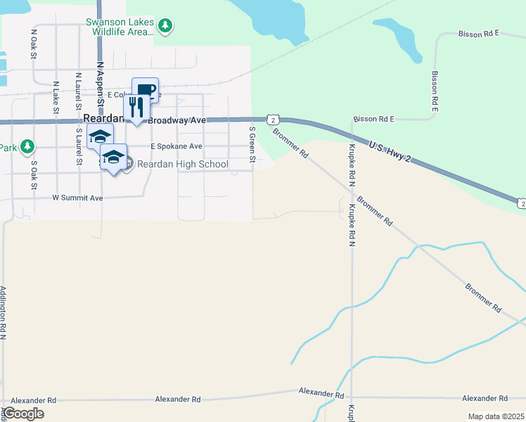 map of restaurants, bars, coffee shops, grocery stores, and more near 203-207 S Green St in Reardan
