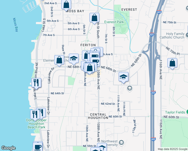 map of restaurants, bars, coffee shops, grocery stores, and more near 10704 Northeast 65th Lane in Kirkland