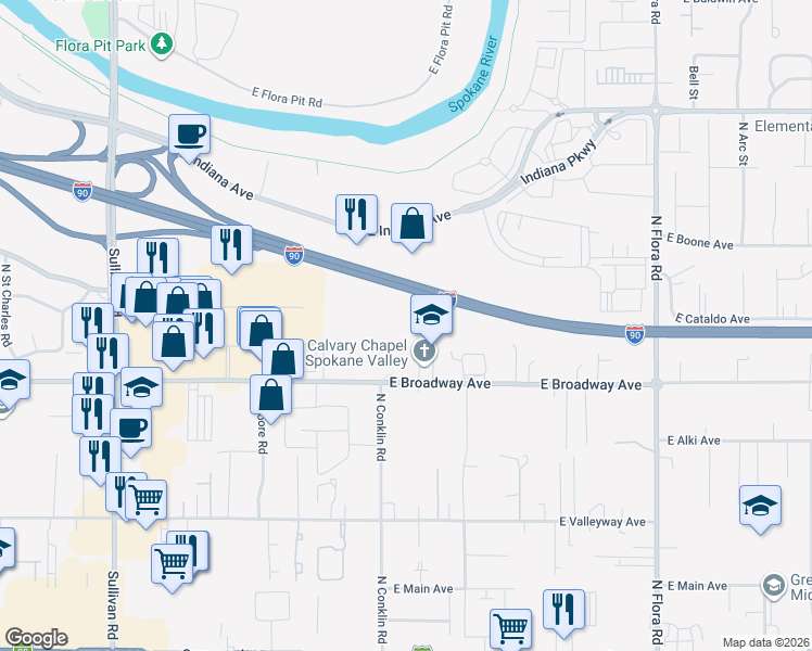 map of restaurants, bars, coffee shops, grocery stores, and more near 16409 East Broadway Avenue in Spokane Valley