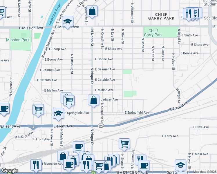 map of restaurants, bars, coffee shops, grocery stores, and more near 2104 East Mallon Avenue in Spokane