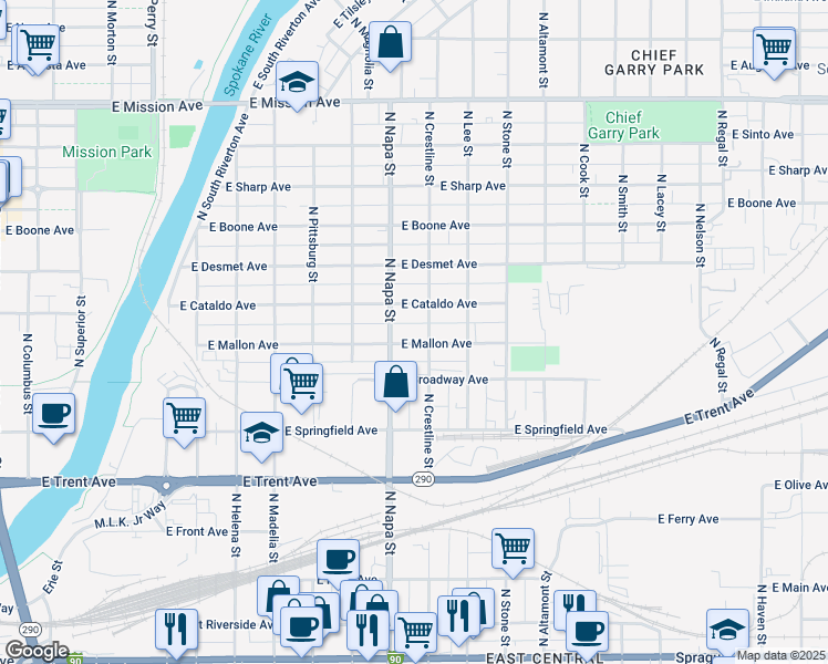 map of restaurants, bars, coffee shops, grocery stores, and more near in Spokane
