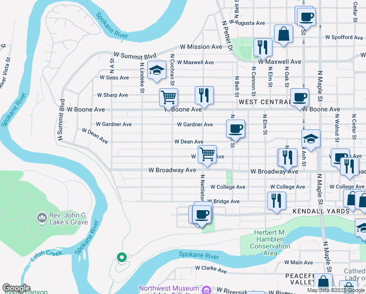 map of restaurants, bars, coffee shops, grocery stores, and more near 2326 West Mallon Avenue in Spokane