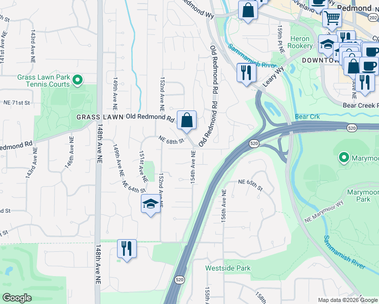 map of restaurants, bars, coffee shops, grocery stores, and more near 15344 Northeast 66th Court in Redmond