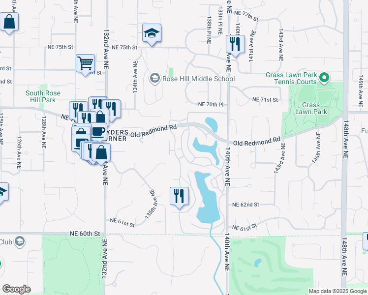 map of restaurants, bars, coffee shops, grocery stores, and more near 6667 138th Avenue Northeast in Redmond