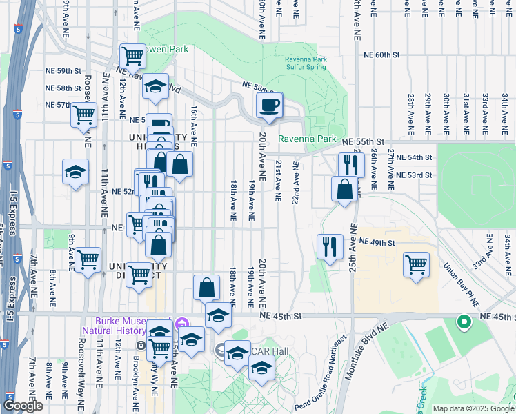 map of restaurants, bars, coffee shops, grocery stores, and more near 5018 19th Avenue Northeast in Seattle