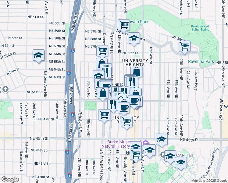 map of restaurants, bars, coffee shops, grocery stores, and more near 5018 11th Avenue Northeast in Seattle