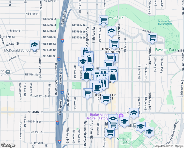 map of restaurants, bars, coffee shops, grocery stores, and more near 5018 11th Avenue Northeast in Seattle