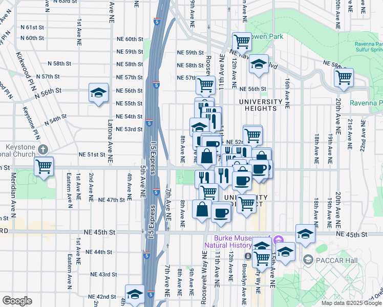 map of restaurants, bars, coffee shops, grocery stores, and more near 5014 8th Avenue Northeast in Seattle