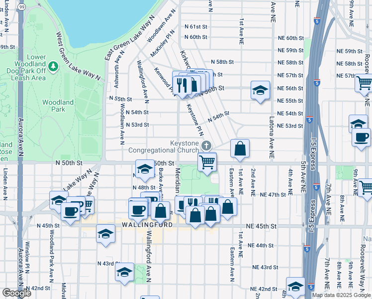 map of restaurants, bars, coffee shops, grocery stores, and more near 2125 North 51st Street in Seattle