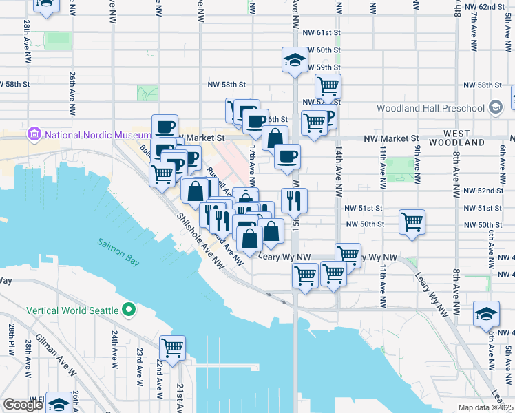 map of restaurants, bars, coffee shops, grocery stores, and more near 5112 Russell Avenue Northwest in Seattle