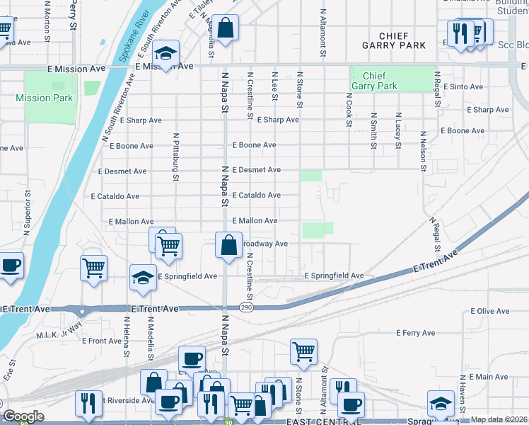 map of restaurants, bars, coffee shops, grocery stores, and more near 2104 East Mallon Avenue in Spokane