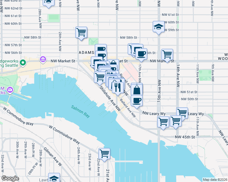 map of restaurants, bars, coffee shops, grocery stores, and more near Ballard Avenue Northwest in Seattle