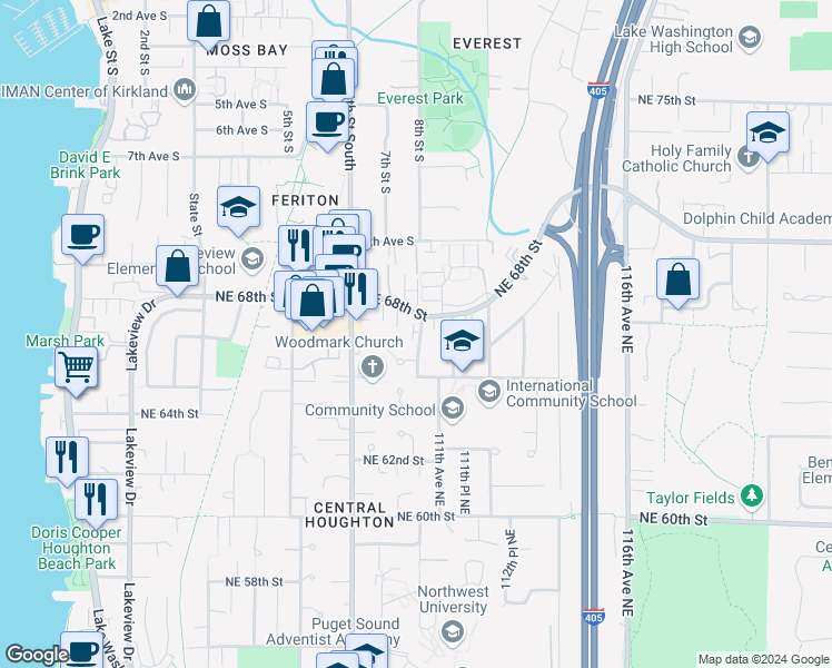 map of restaurants, bars, coffee shops, grocery stores, and more near 6711 110th Avenue Northeast in Kirkland