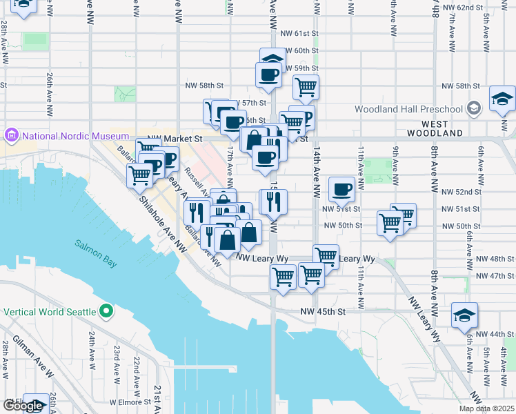map of restaurants, bars, coffee shops, grocery stores, and more near 1521 Northwest 51st Street in Seattle